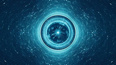 abstract digital art showing concentric circles at the end of a tunnel of tiny tiles with a bright point of light at the end.