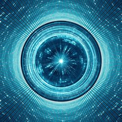 abstract digital art showing concentric circles at the end of a tunnel of tiny tiles with a bright point of light at the end.