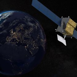 a 3D render of a satellite in space over the Earth