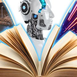 A book with pages flipping oopen and images of future scenarios like climate affected dry earth, AI robots, habitats on Mars and extreme weather like typhoons flying out 