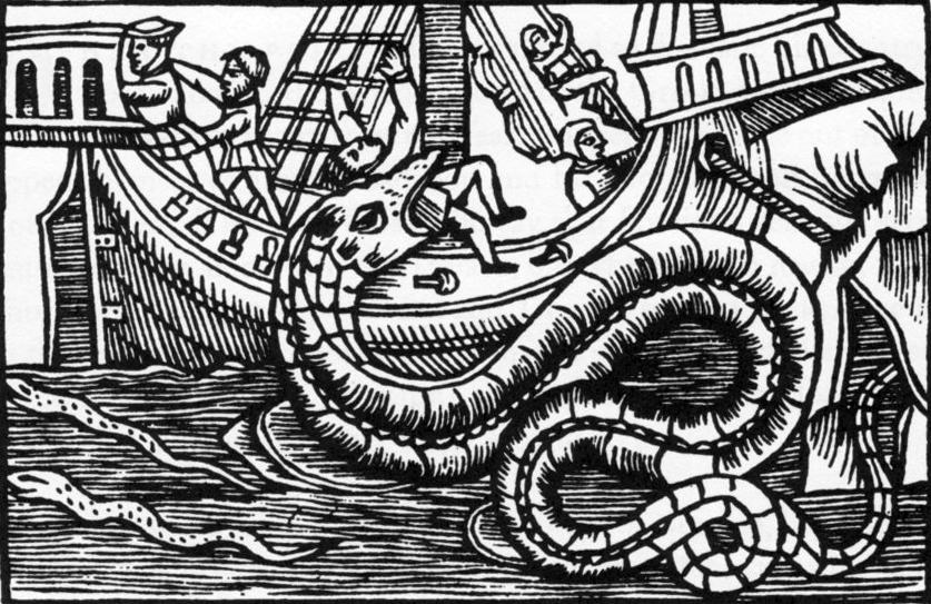 A woodcut of a coiled snake-like creature reaching out of the water and grabbing a person off a ship. There are other people on the ship attempting to escape its monstrous maw. A woodcut of a coiled snake-like creature reaching out of the water and grabbing a person off a ship. There are other people on the ship attempting to escape its monstrous maw.