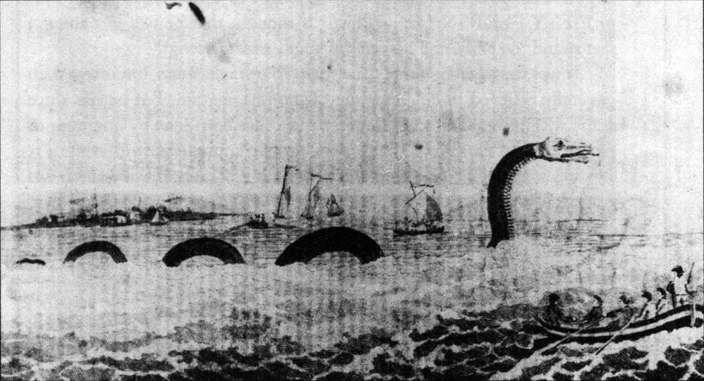 A black and white drawing showing a large snake-like creature at the surface of the water. It is depicted as having a snake like head which is arching out of the water and it is being trailed by four increasingly small arches. In the foreground, there are several people in a boat that are depicted as being smaller than the head of the beast. There are sailing ships in the background. A black and white drawing showing a large snake-like creature at the surface of the water. It is depicted as having a snake like head which is arching out of the water and it is being trailed by four increasingly small arches. In the foreground, there are several people in a boat that are depicted as being smaller than the head of the beast. There are sailing ships in the background.