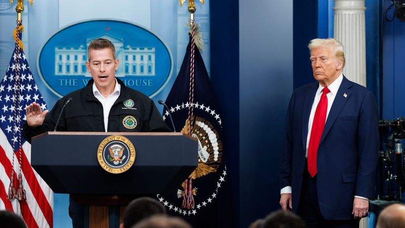 Sean Duffy, Transportation Secretary, speaking at a press confernece  in january next to Trump