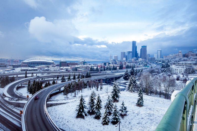 Blue hour during a snow storm on the Seattle skyline 