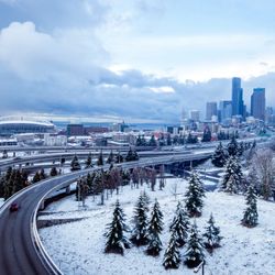 Blue hour during a snow storm on the Seattle skyline 