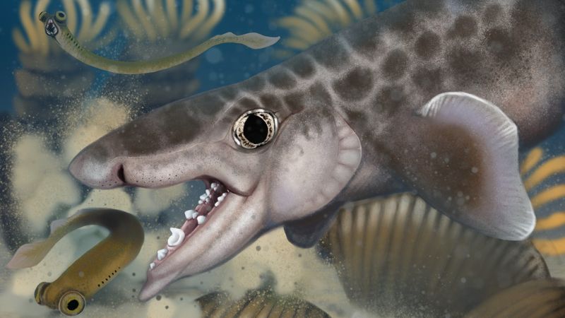 Proposed reconstruction of the new to science species Macadens olsoni, an ancient species of shark. The art also depicts two marine worms with larged eyes and spiked teeth