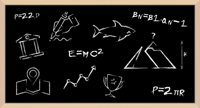 A black board with chalk drawing showing math calculations like E=mc2, pi and, er, a shark