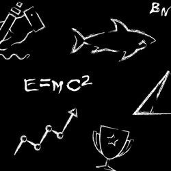 A black board with chalk drawing showing math calculations like E=mc2, pi and, er, a shark
