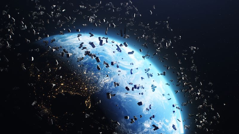Artist impression of space junk showing satellites spread everywhere around the planet