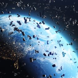 Artist impression of space junk showing satellites spread everywhere around the planet