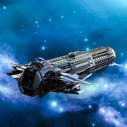 3D rendered image of spaceship travelling towards a planet with a nebula in the background