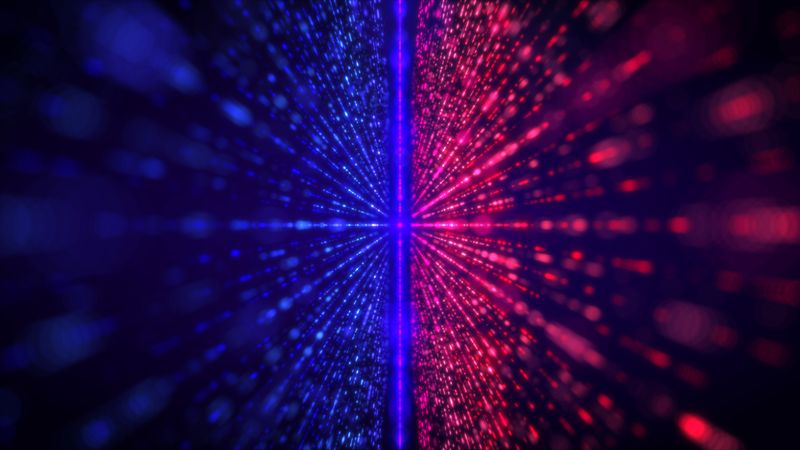 blue and red floating lines of lights meet in the middle in a purple one, concept for particle collision.