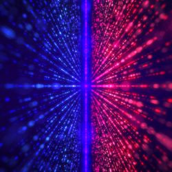 blue and red floating lines of lights meet in the middle in a purple one, concept for particle collision.