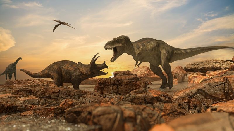 A T. rex with jaws open roaring down at a Triceratops