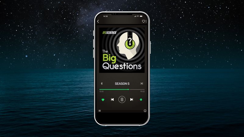 A phone showing season 5 of The Big Questions, on background of the open sea at night