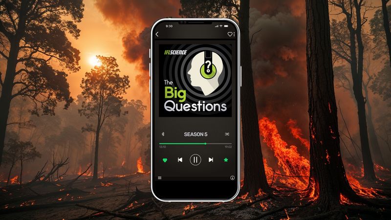A phone showing season 5 of The Big Questions, on background of a forest fire