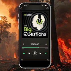 A phone showing season 5 of The Big Questions, on background of a forest fire