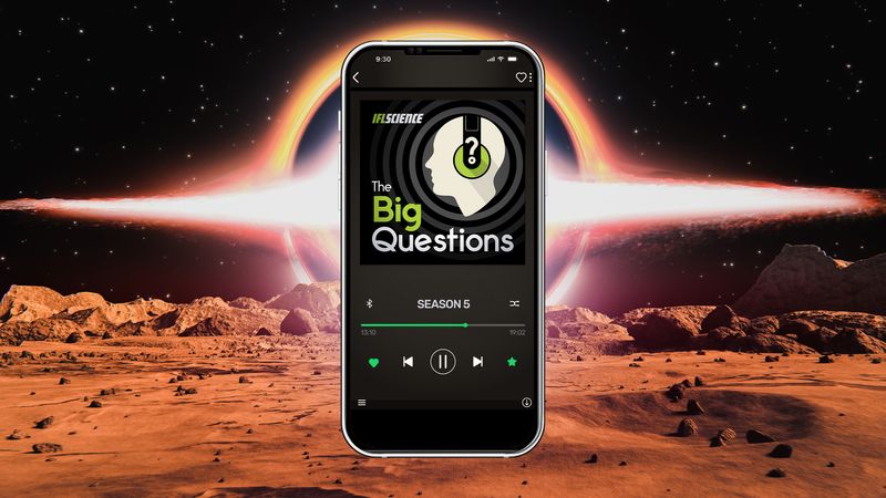 A phone showing season 5 of The Big Questions, on background of a rusty colored planet's surface looking out onto a black hole