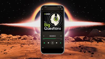 A phone showing season 5 of The Big Questions, on background of a rusty colored planet's surface looking out onto a black hole