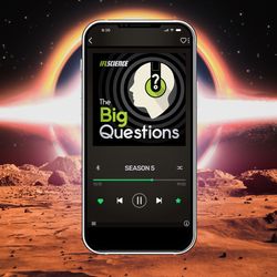 A phone showing season 5 of The Big Questions, on background of a rusty colored planet's surface looking out onto a black hole