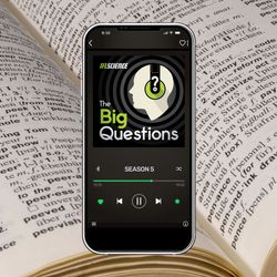 A phone showing season 5 of The Big Questions, on background of a close up photograph of an open dictionary