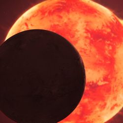 Artist impression of three planets around a small red dwarf, as seen from near one of the planets.