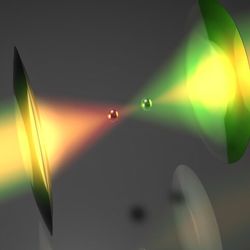 Artist impression of the setup. two different colored laser beams pass through some lenses and keep two little spheres hover mid-air