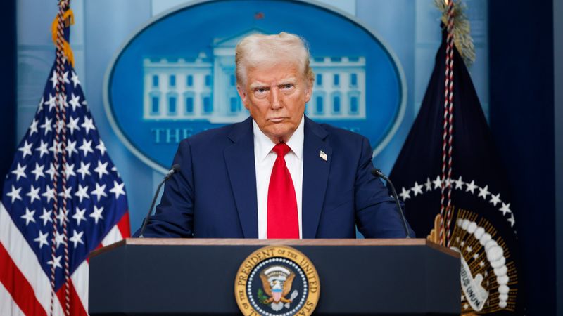  Donald Trump speaking at a White House press briefing