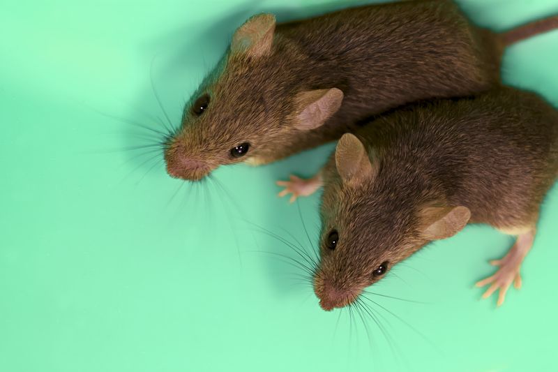 Two mice on green background