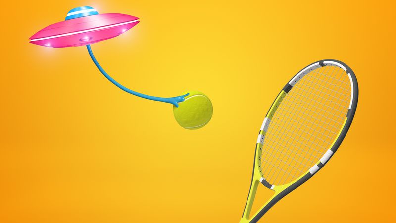 3d rendering of pink UFO carrying tennis ball, flying against amber background with tennis racket in foregroun