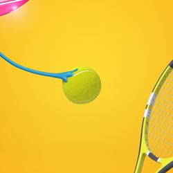 3d rendering of pink UFO carrying tennis ball, flying against amber background with tennis racket in foregroun