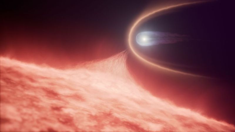 artist impression of a white dwarf stealing material from a red giant in the foreground.