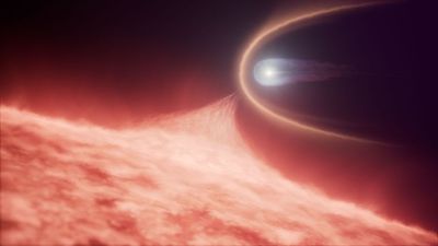 artist impression of a white dwarf stealing material from a red giant in the foreground.