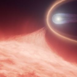 artist impression of a white dwarf stealing material from a red giant in the foreground.