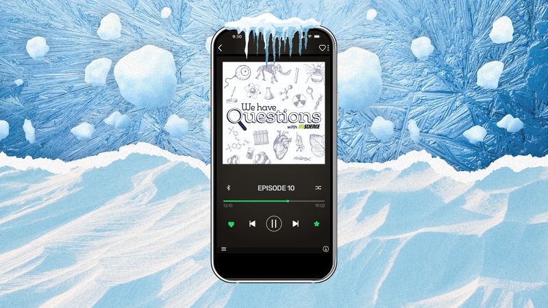 Episode 10 of We Have Questions playing on a smartphone, against a snow-covered background