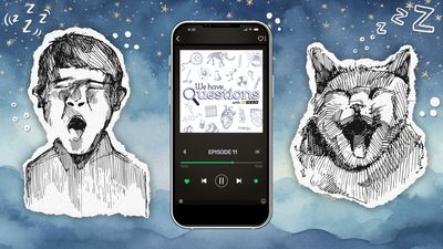 Episode 11 of We Have Questions playing on a smartphone, with an illustration of a human yawning on the left and a cat yawning on the right