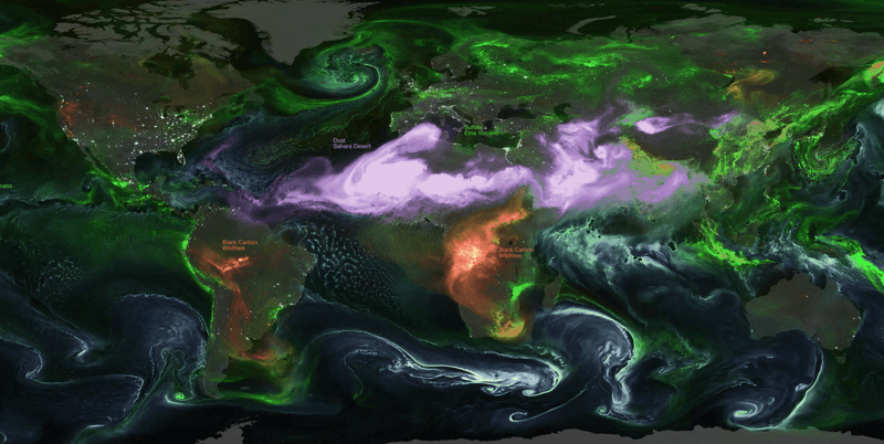 Visualization showcasing aerosols as modeled by NASA's Goddard Earth Observing System (GEOS) for the period from August 1 to September 14, 2024.