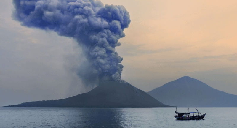 Smoke billows from the Anak Krakatau, which emerged in the Sundra Strait 45 years after the famous Krakatoa explosion in 1883. 