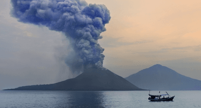 Smoke billows from the Anak Krakatau, which emerged in the Sundra Strait 45 years after the famous Krakatoa explosion in 1883. 