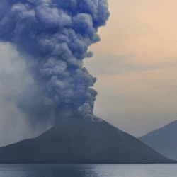 Smoke billows from the Anak Krakatau, which emerged in the Sundra Strait 45 years after the famous Krakatoa explosion in 1883. 