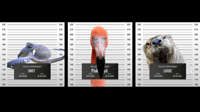 mugshot-like images of an octopus called Inky, a flamingo called Pink Floyd, and an otter called Louie