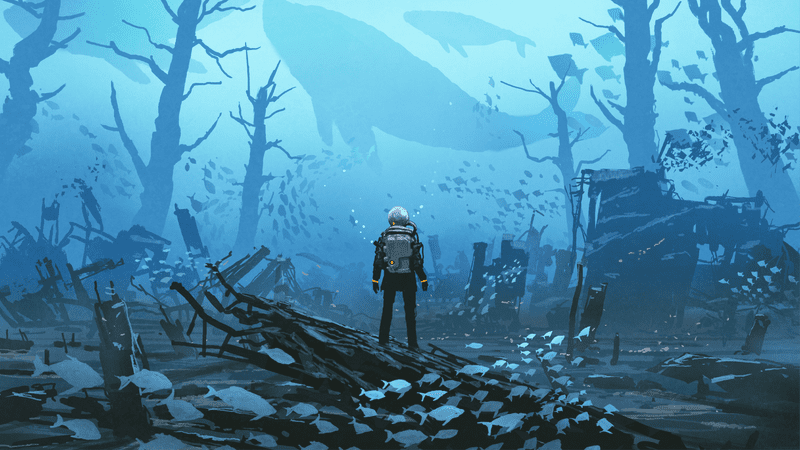 drawing of diver standing in deep sea ruins