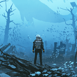 drawing of diver standing in deep sea ruins