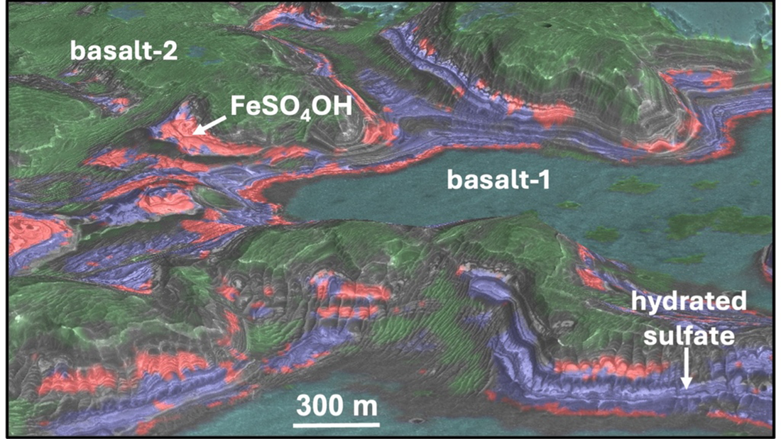 View of Mars showing the FeSO4OH, basalt, and hydrated sulfate deposits.