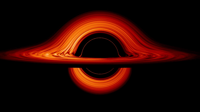 shecamtic view of a black hole as a dark sphere warping space time so it looks a bit like saturn and its rings