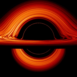 shecamtic view of a black hole as a dark sphere warping space time so it looks a bit like saturn and its rings