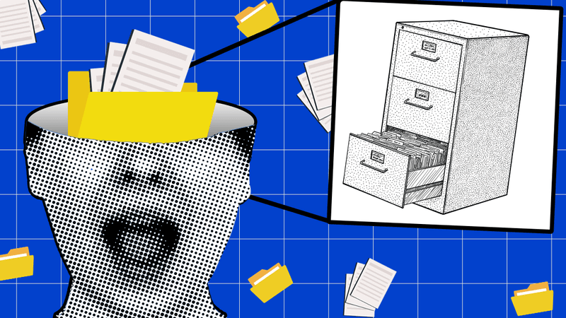 concept of the brain containing a filing cabinet; pop-art style image of a human face with the eyes upwards cut off, and the head filled with a folder of documents. A window to the right shows a drawing of a filing cabinet. The background is dark blue and squared, and contains several yellow folder icons and white document icons