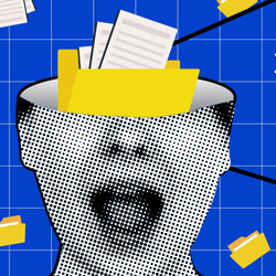 concept of the brain containing a filing cabinet; pop-art style image of a human face with the eyes upwards cut off, and the head filled with a folder of documents. A window to the right shows a drawing of a filing cabinet. The background is dark blue and squared, and contains several yellow folder icons and white document icons