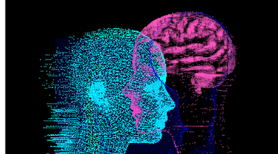 3D Illustration Human Brain Anatomy made of Pixels and Particles For Neural network and Machine Learning concept. Sci-fi futuristic cyberpunk style.