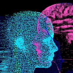 3D Illustration Human Brain Anatomy made of Pixels and Particles For Neural network and Machine Learning concept. Sci-fi futuristic cyberpunk style.